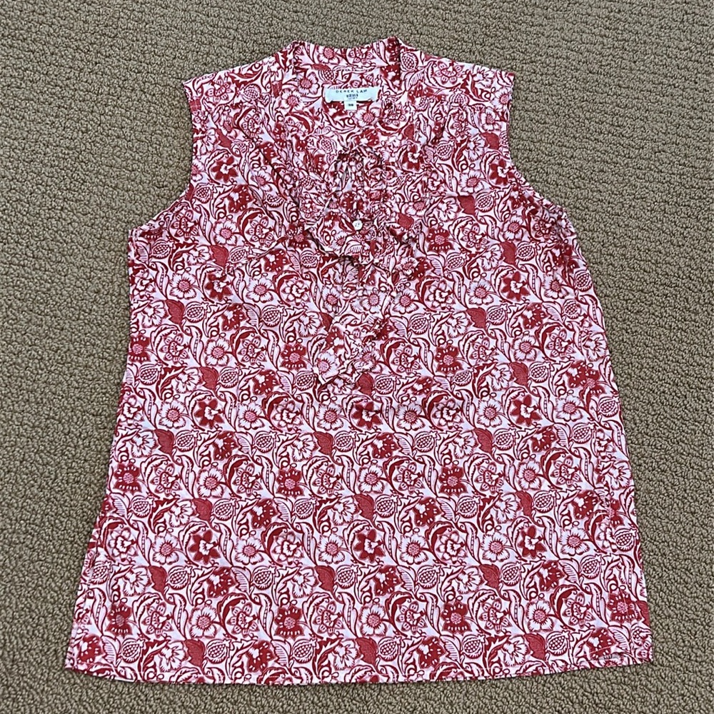 Derek Lam Red Vintage Floral Sleeveless Top size 2 Ruffle Button Neckline Boho